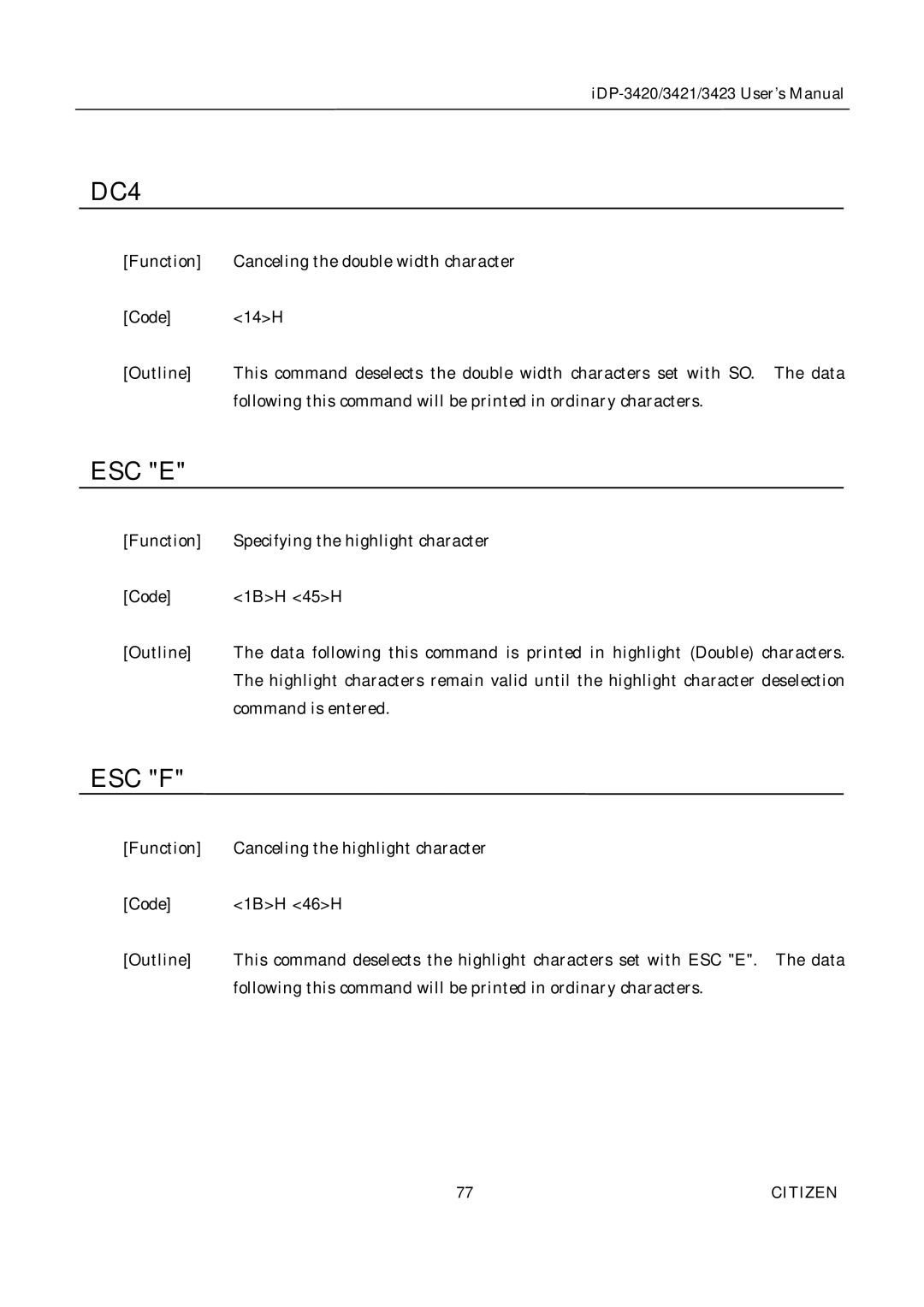 Citizen Systems iDP-3423, iDP-3420, iDP-3421 user manual DC4 