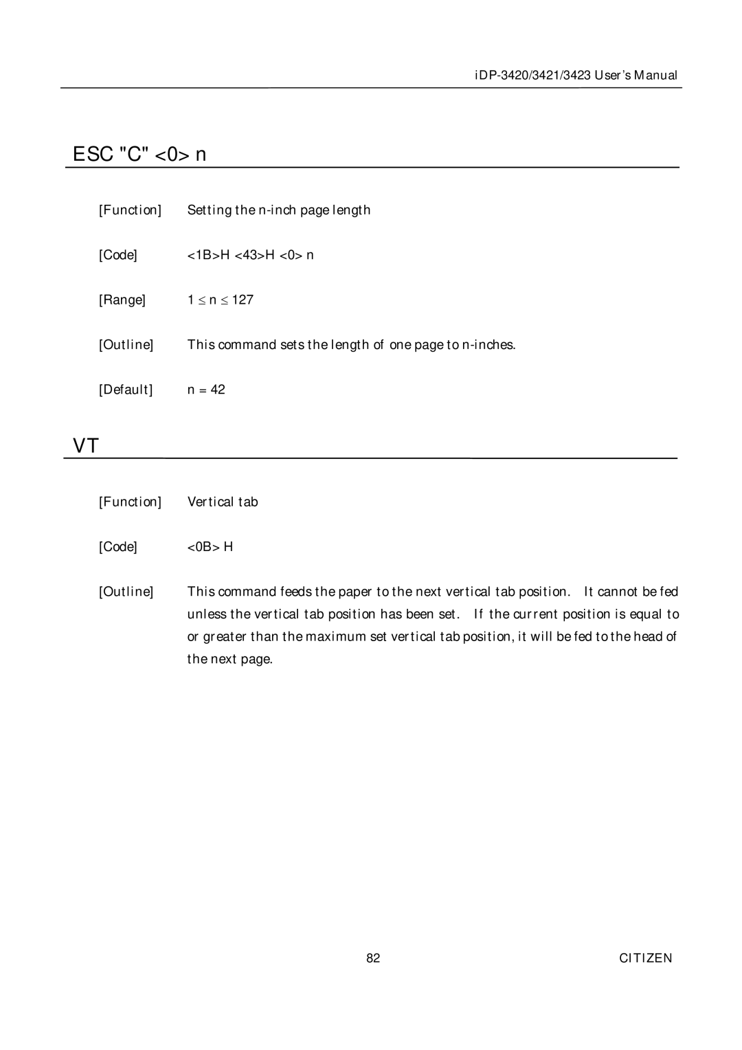 Citizen Systems iDP-3421, iDP-3420, iDP-3423 user manual ESC C 0 n 