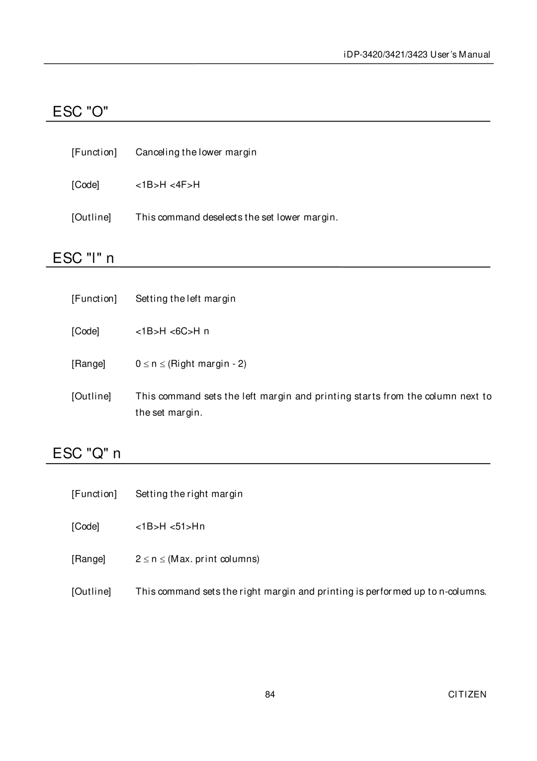 Citizen Systems iDP-3420, iDP-3421, iDP-3423 user manual ESC l n, ESC Q n 