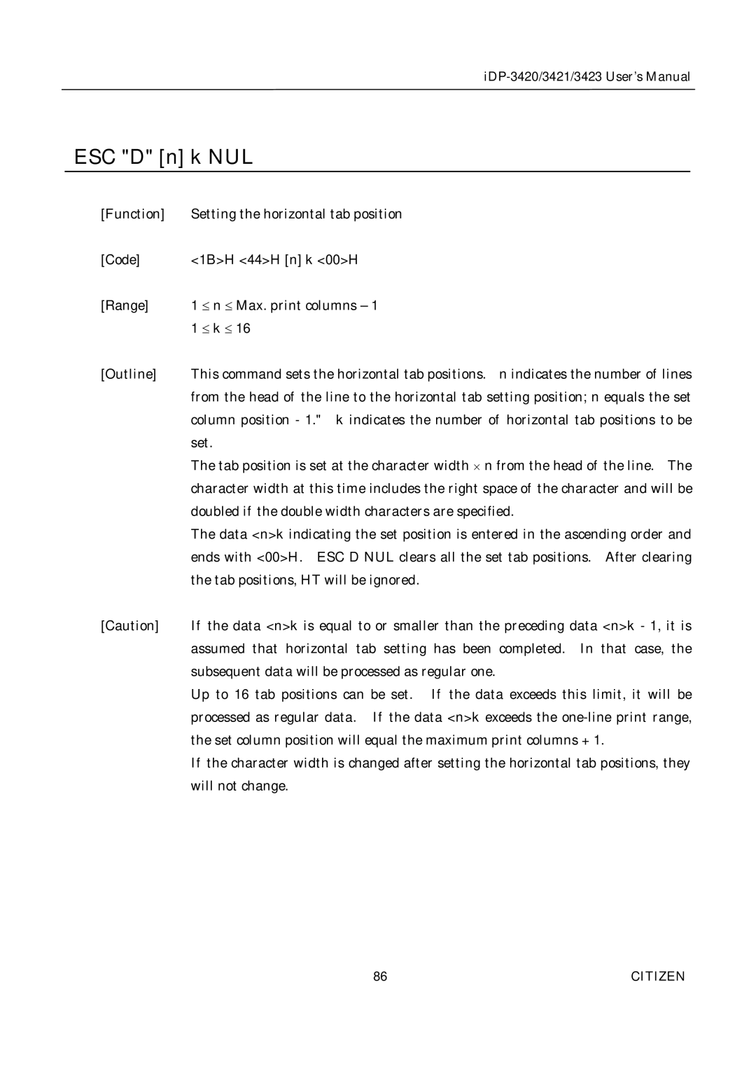 Citizen Systems iDP-3423, iDP-3420, iDP-3421 user manual ESC D n k NUL 