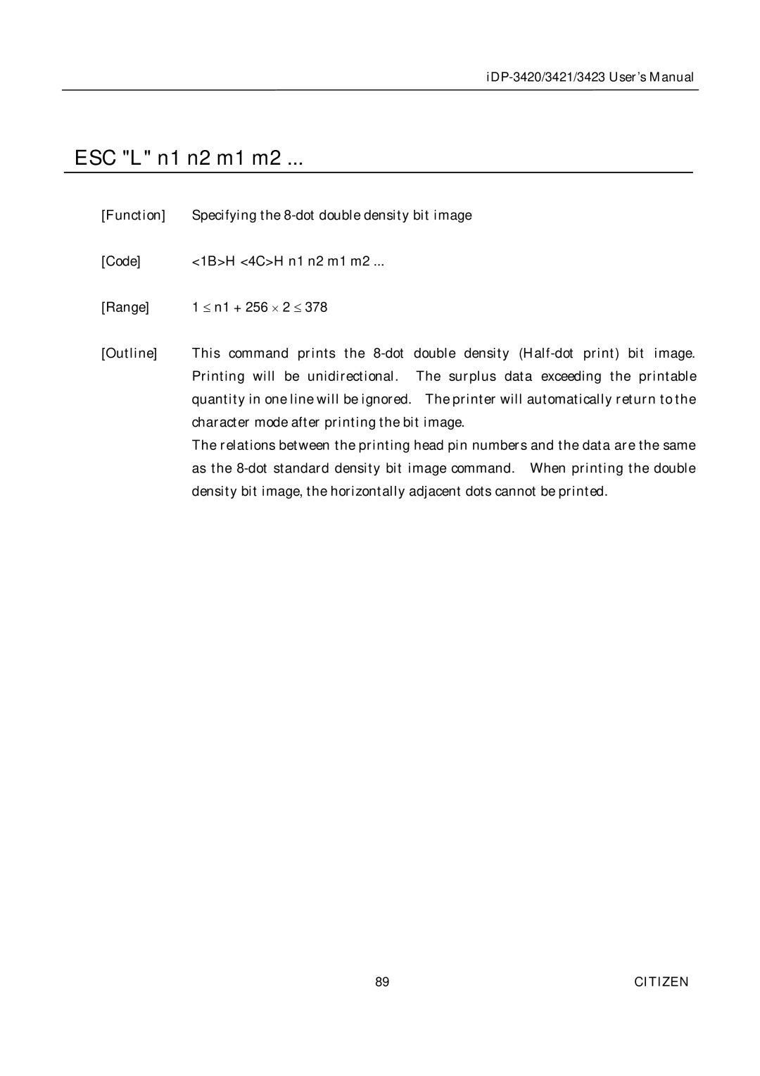 Citizen Systems iDP-3423, iDP-3420, iDP-3421 user manual ESC L n1 n2 m1 m2 