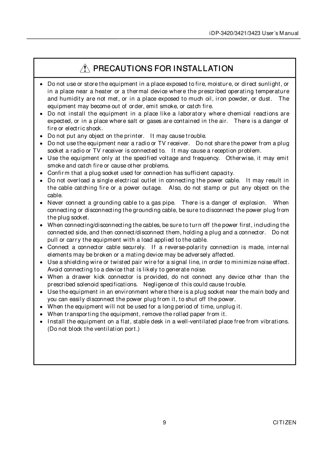 Citizen Systems iDP-3420, iDP-3421, iDP-3423 user manual Precautions for Installation 