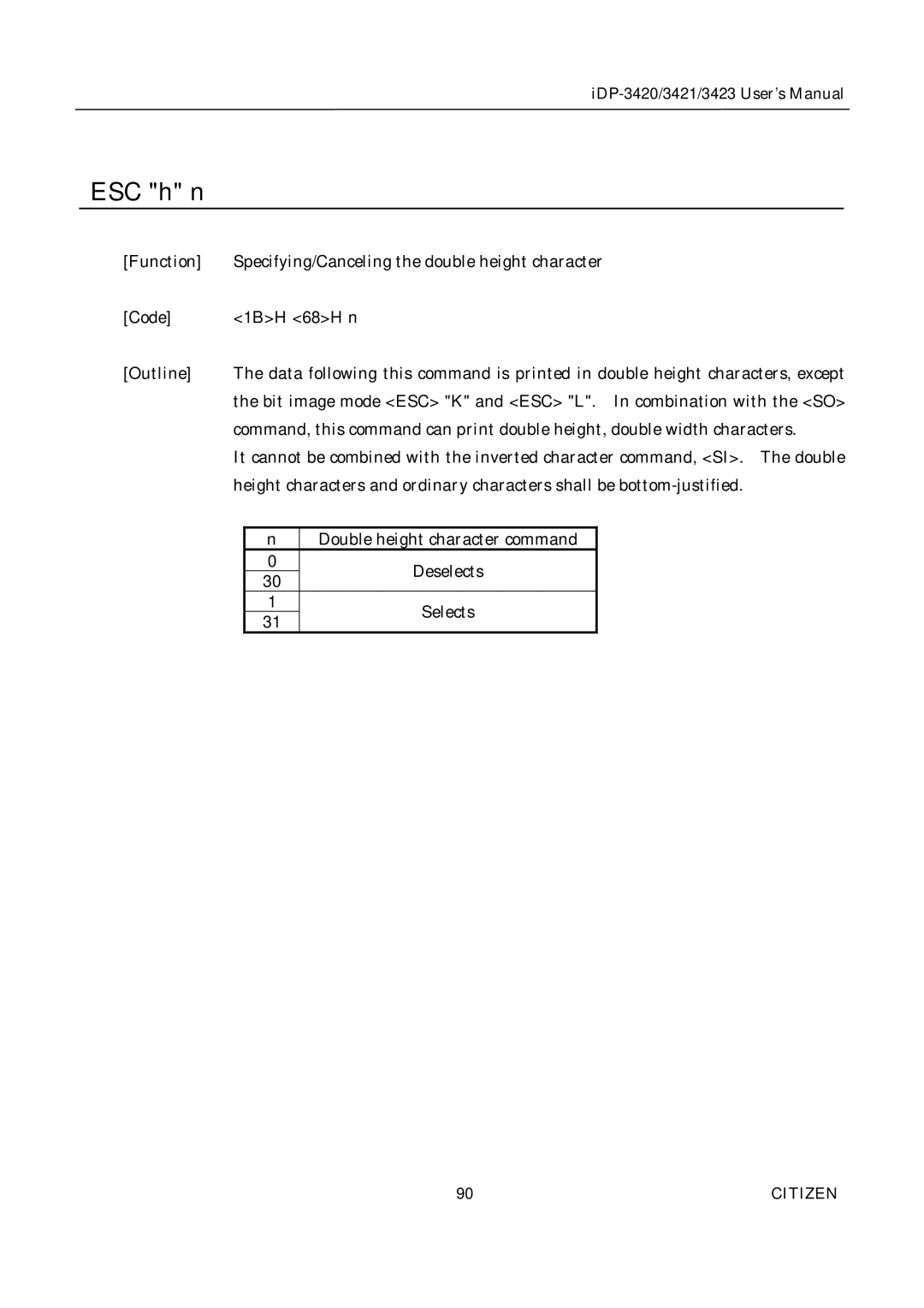 Citizen Systems iDP-3420, iDP-3421, iDP-3423 user manual ESC h n 