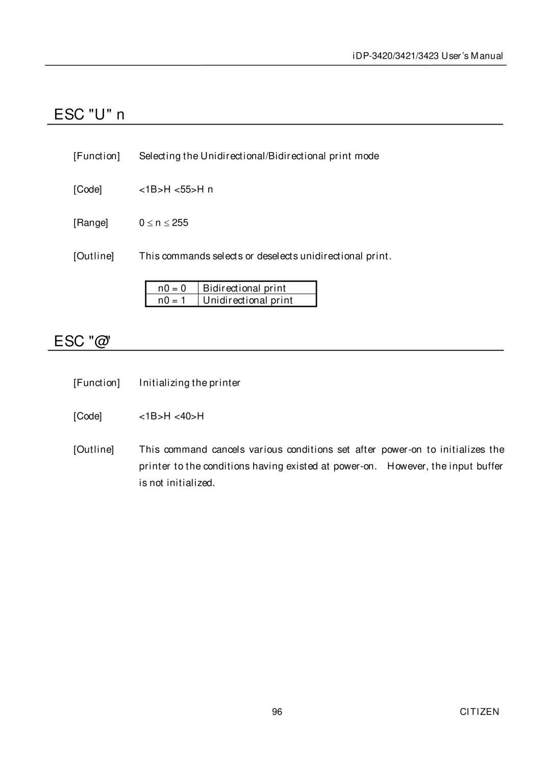 Citizen Systems iDP-3420, iDP-3421, iDP-3423 user manual ESC U n, Esc @ 