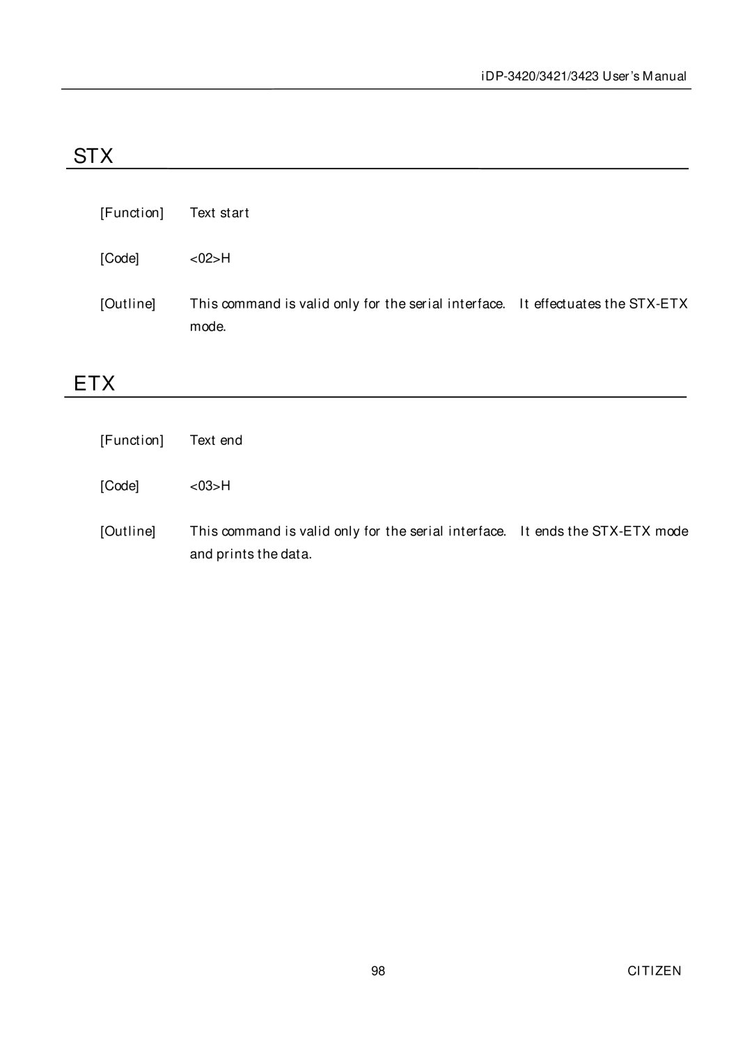 Citizen Systems iDP-3423, iDP-3420, iDP-3421 user manual Stx 