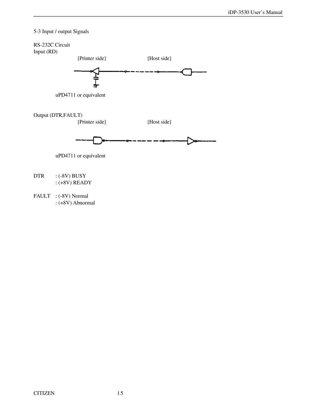 Citizen Systems iDP-3530 user manual UPD4711 or equivalent Output DTR,FAULT Printer side 