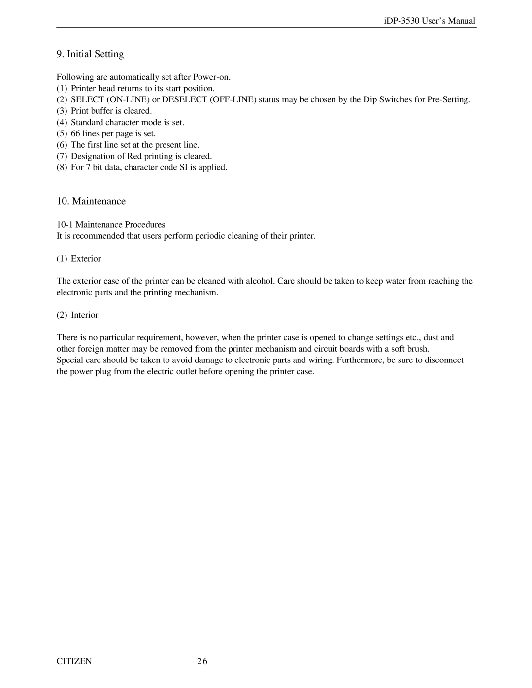 Citizen Systems iDP-3530 user manual Initial Setting, Maintenance 