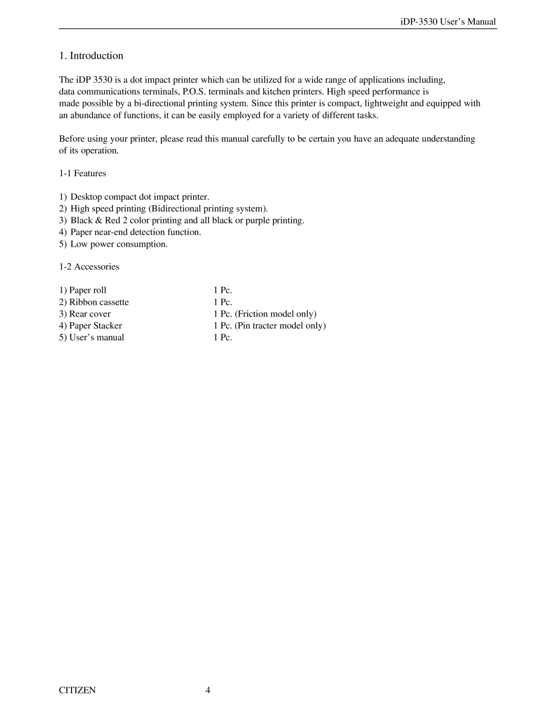 Citizen Systems iDP-3530 user manual Introduction 