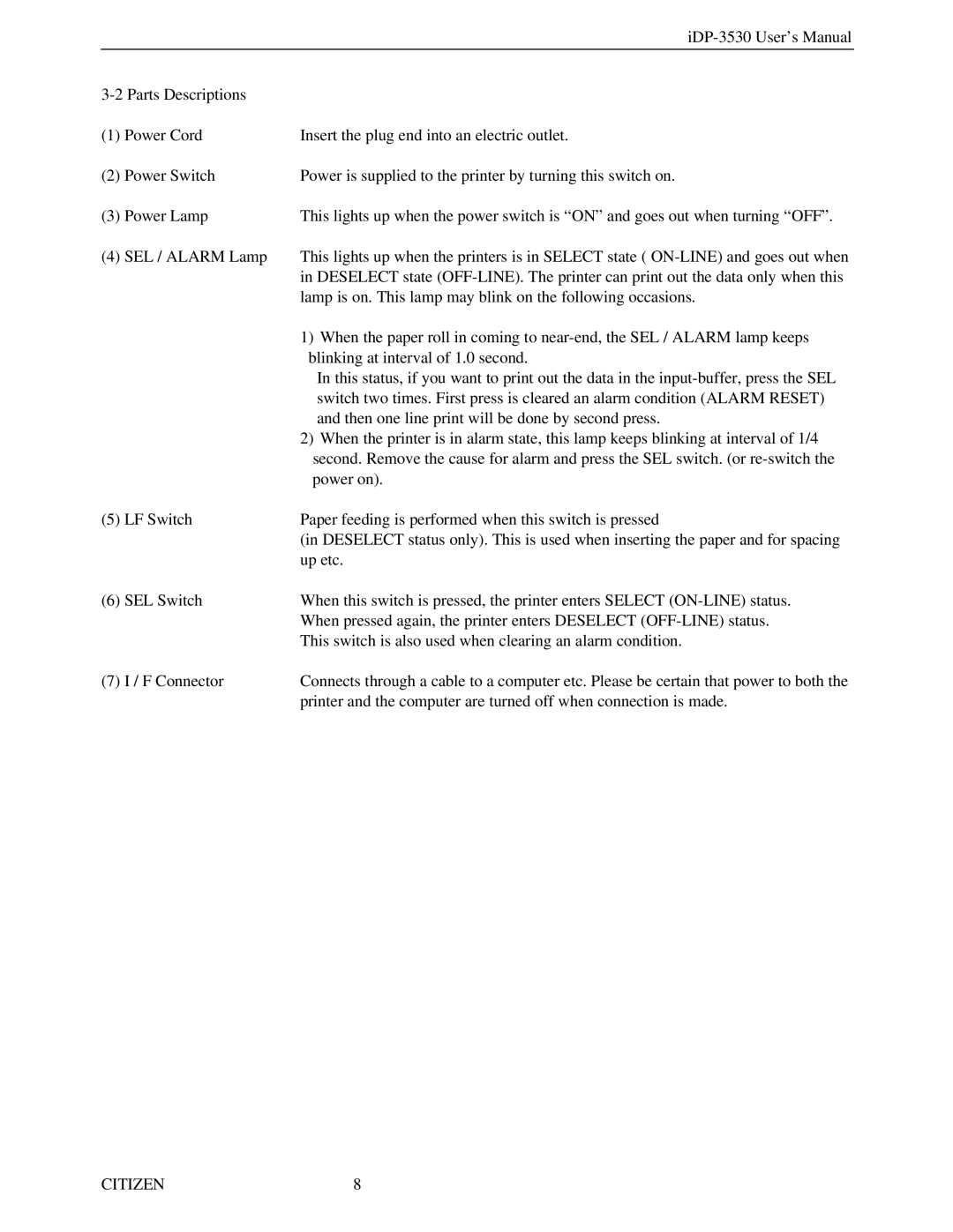 Citizen Systems iDP-3530 user manual Lamp is on. This lamp may blink on the following occasions 