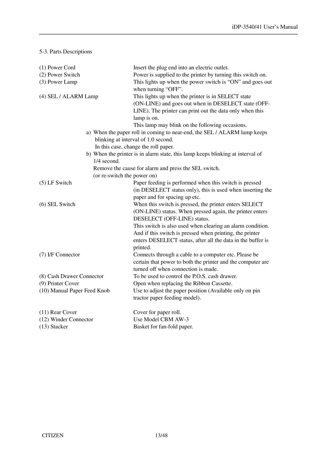 Citizen Systems 3541, iDP-3540 user manual 13/48 