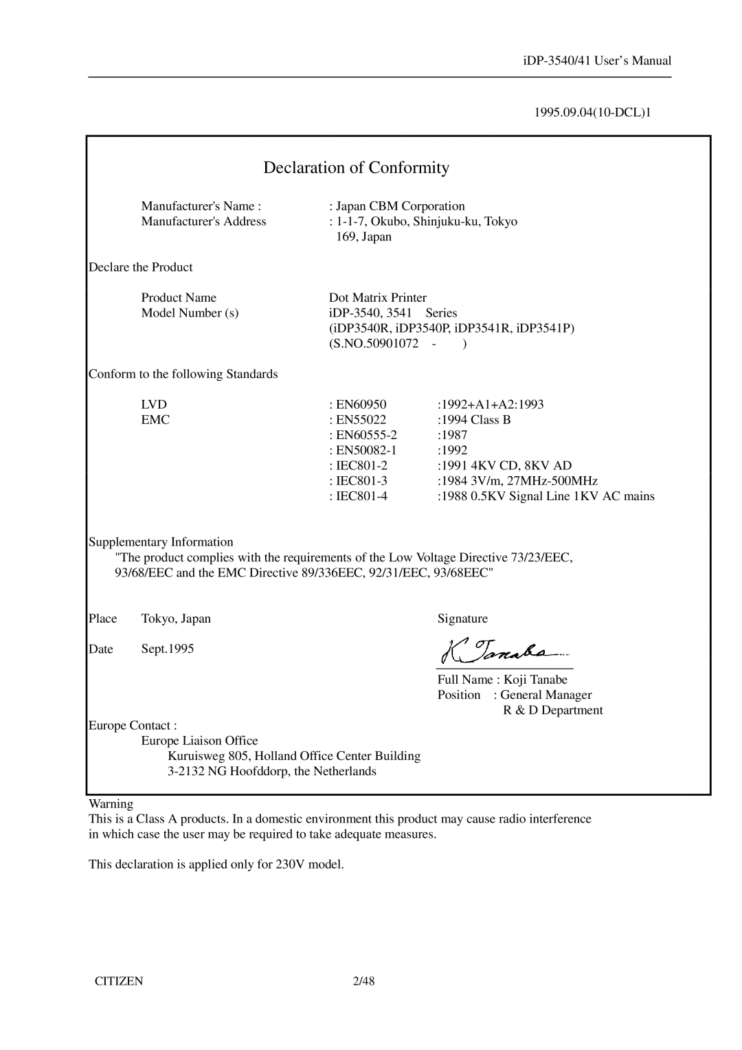 Citizen Systems iDP-3540, 3541 user manual Lvd, Emc 