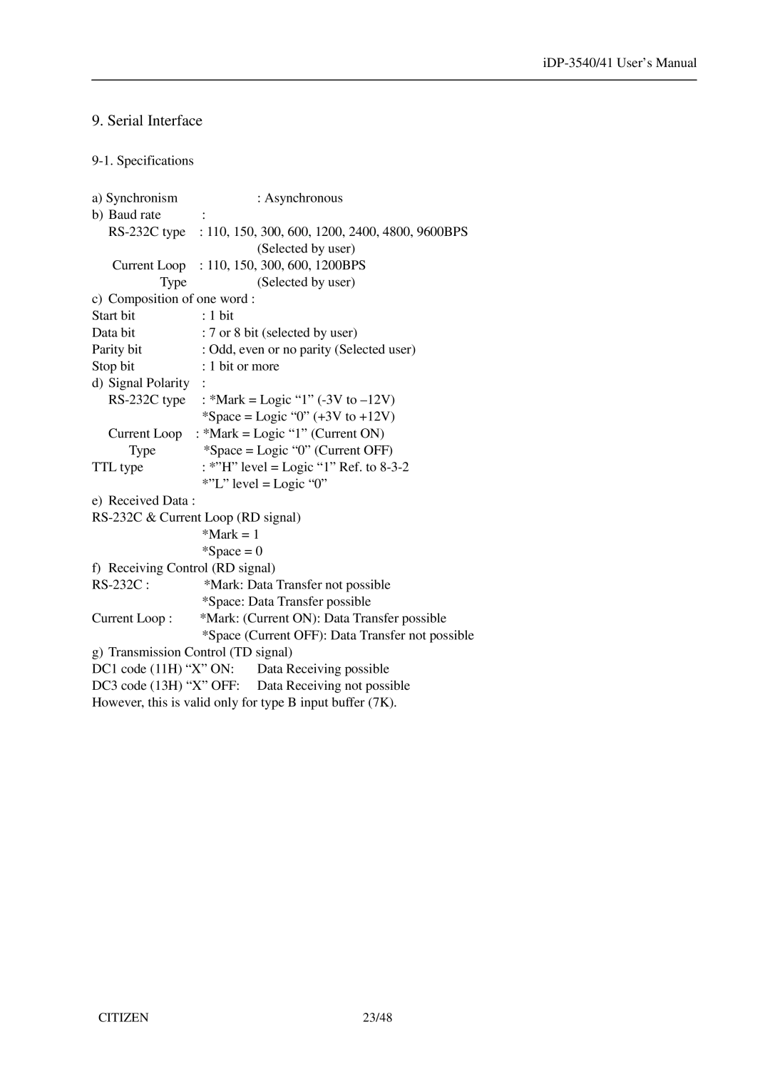 Citizen Systems 3541, iDP-3540 user manual Serial Interface 