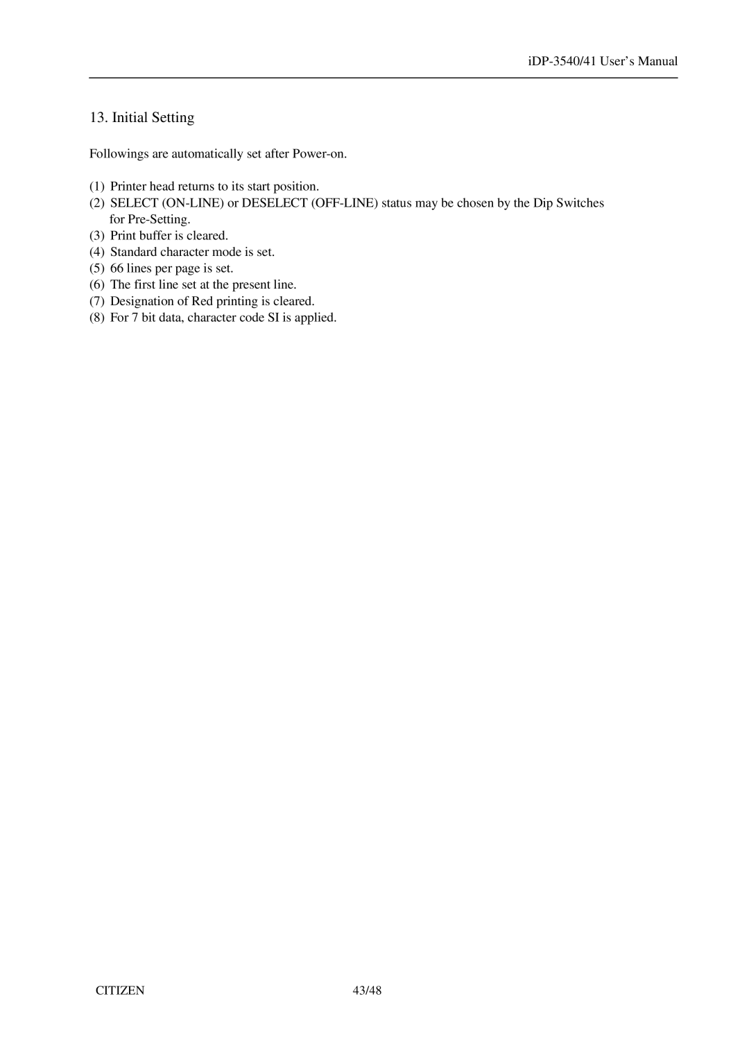 Citizen Systems 3541, iDP-3540 user manual Initial Setting 