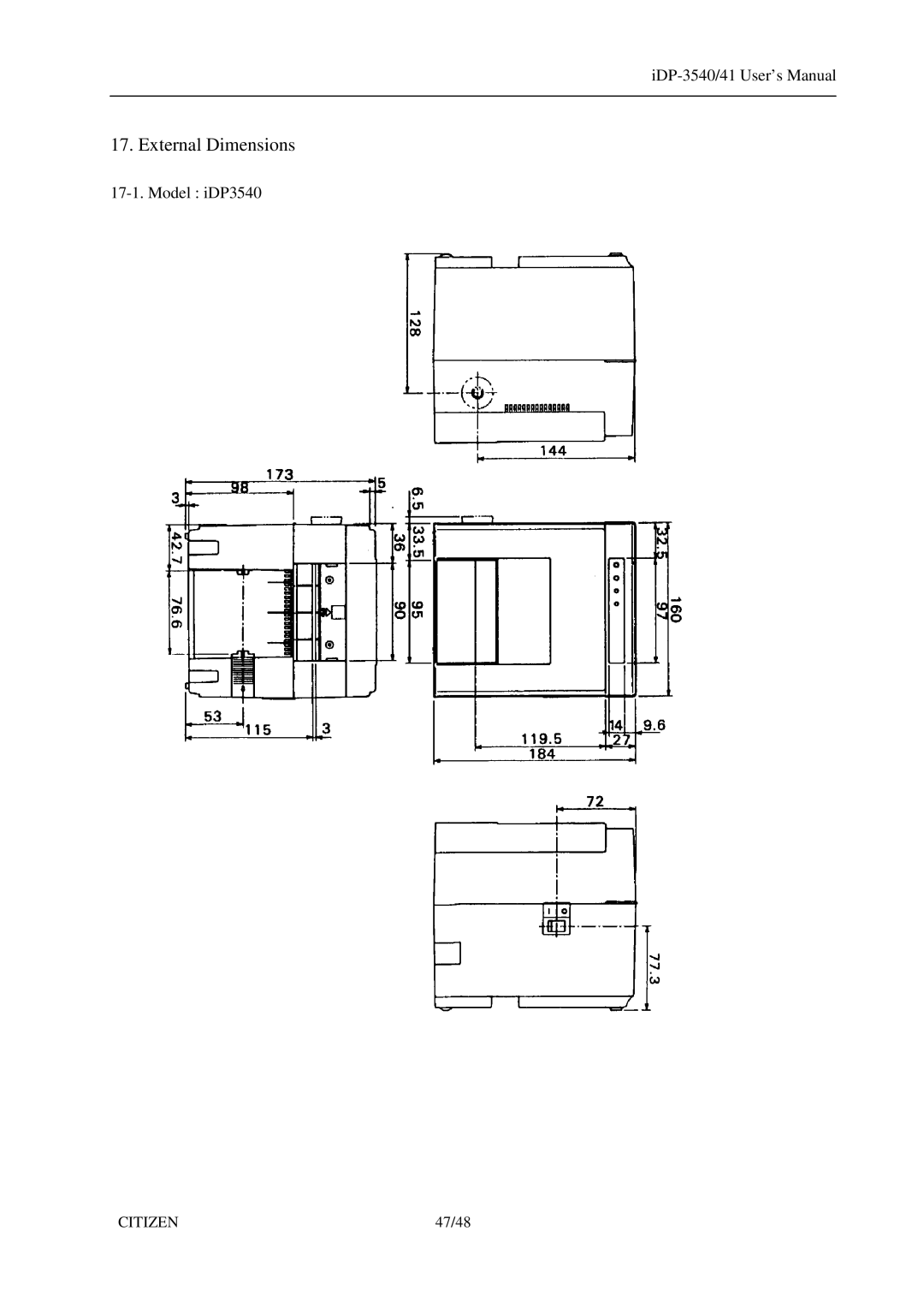 Citizen Systems 3541, iDP-3540 user manual External Dimensions 