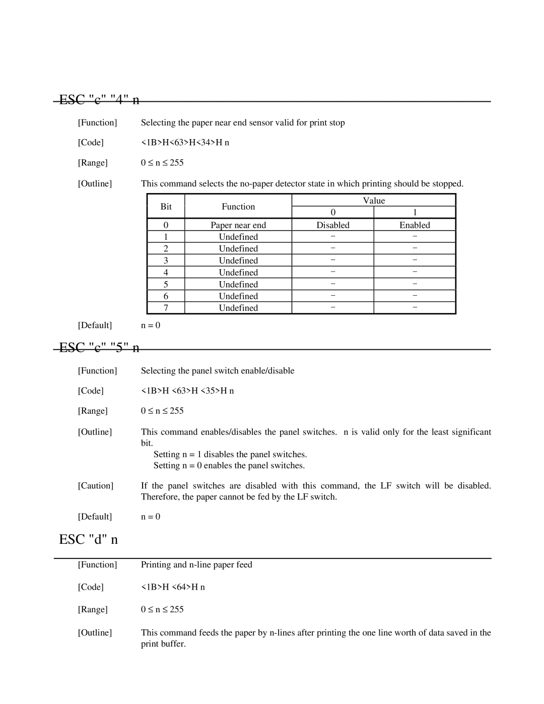 Citizen Systems iDP-3550, iDP-3551 user manual ESC c 4 n, ESC c 5 n, ESC d n 