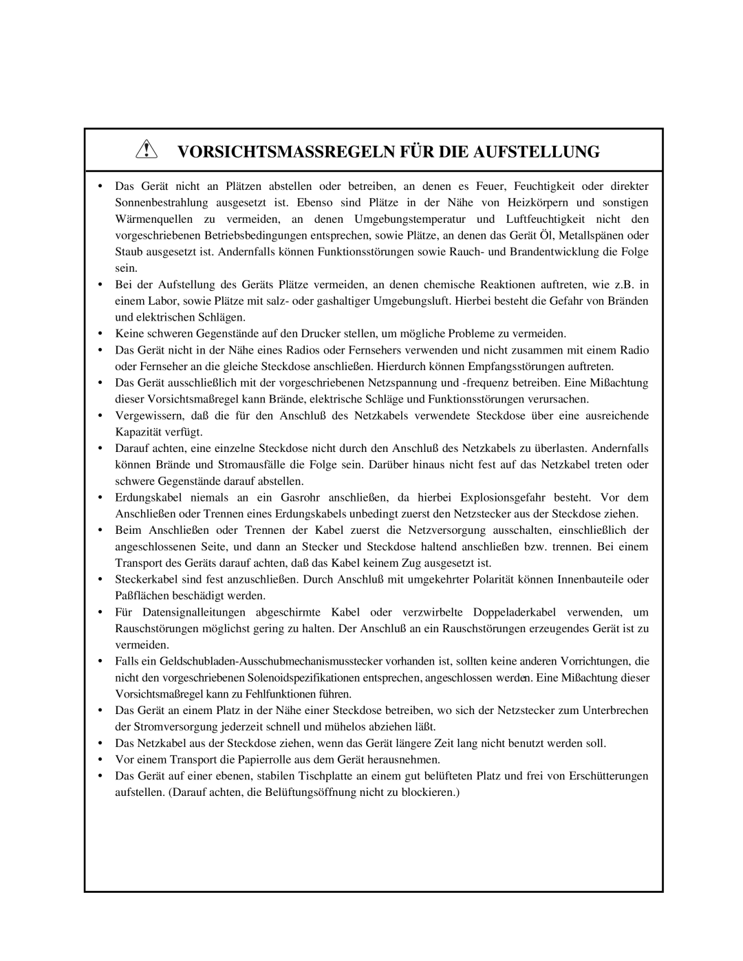 Citizen Systems iDP-3551, iDP-3550 user manual Vorsichtsmassregeln FÜR DIE Aufstellung 