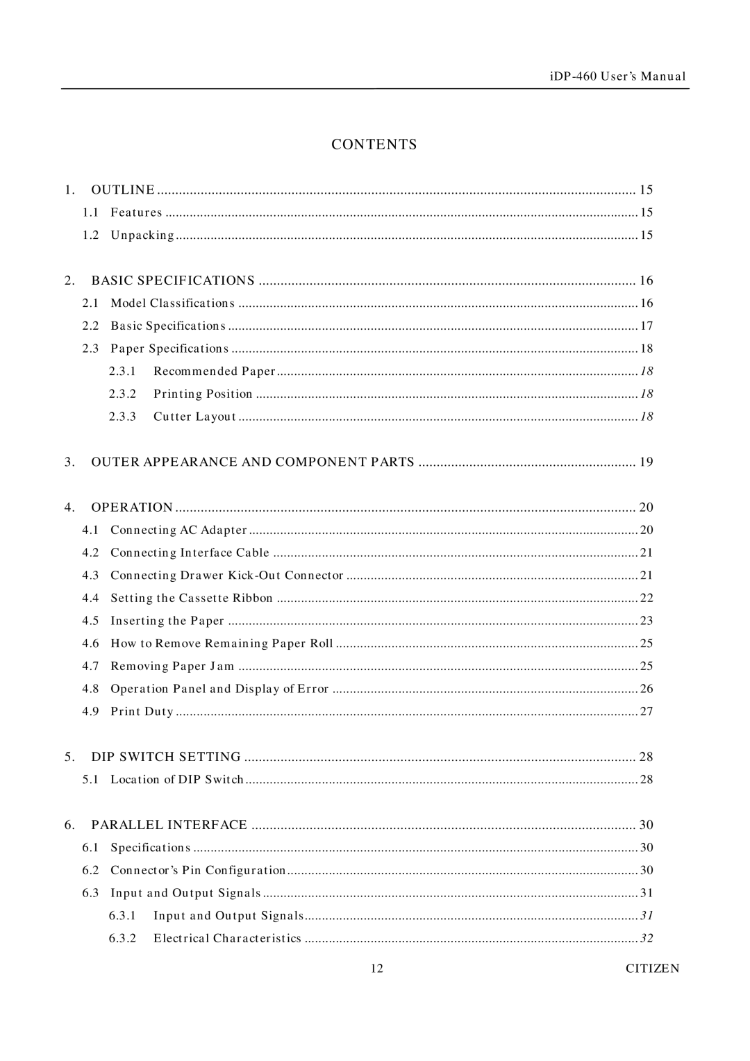 Citizen Systems iDP-460 user manual Contents 