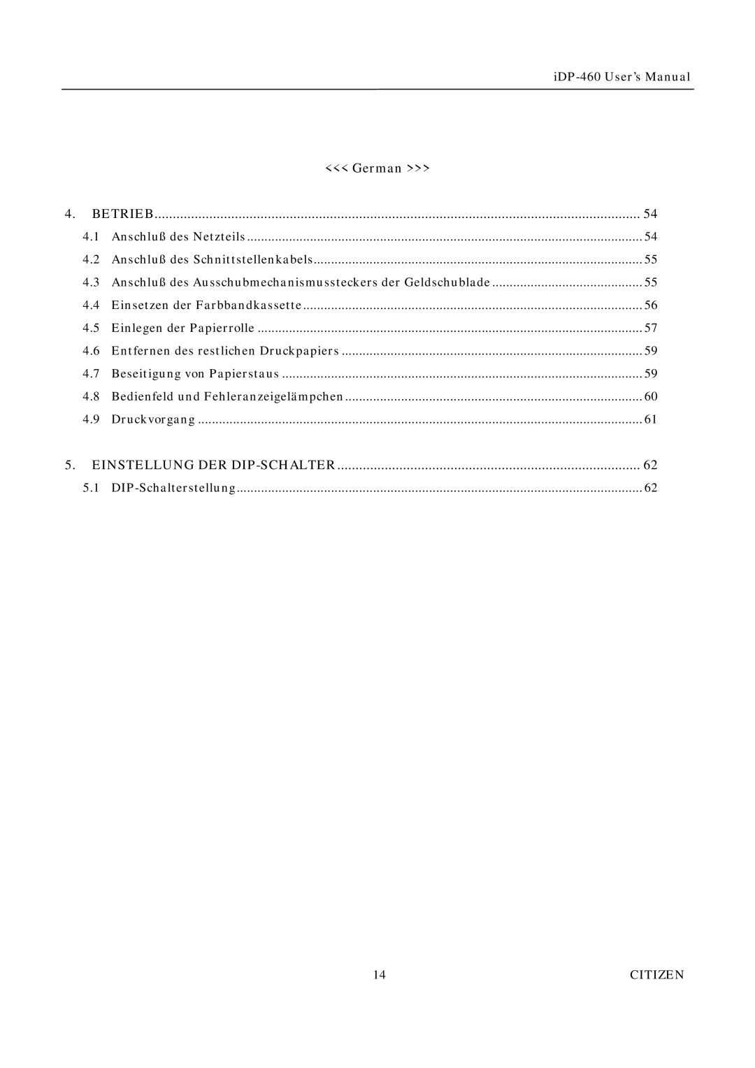 Citizen Systems iDP-460 user manual Einstellung DER DIP-SCHALTER 