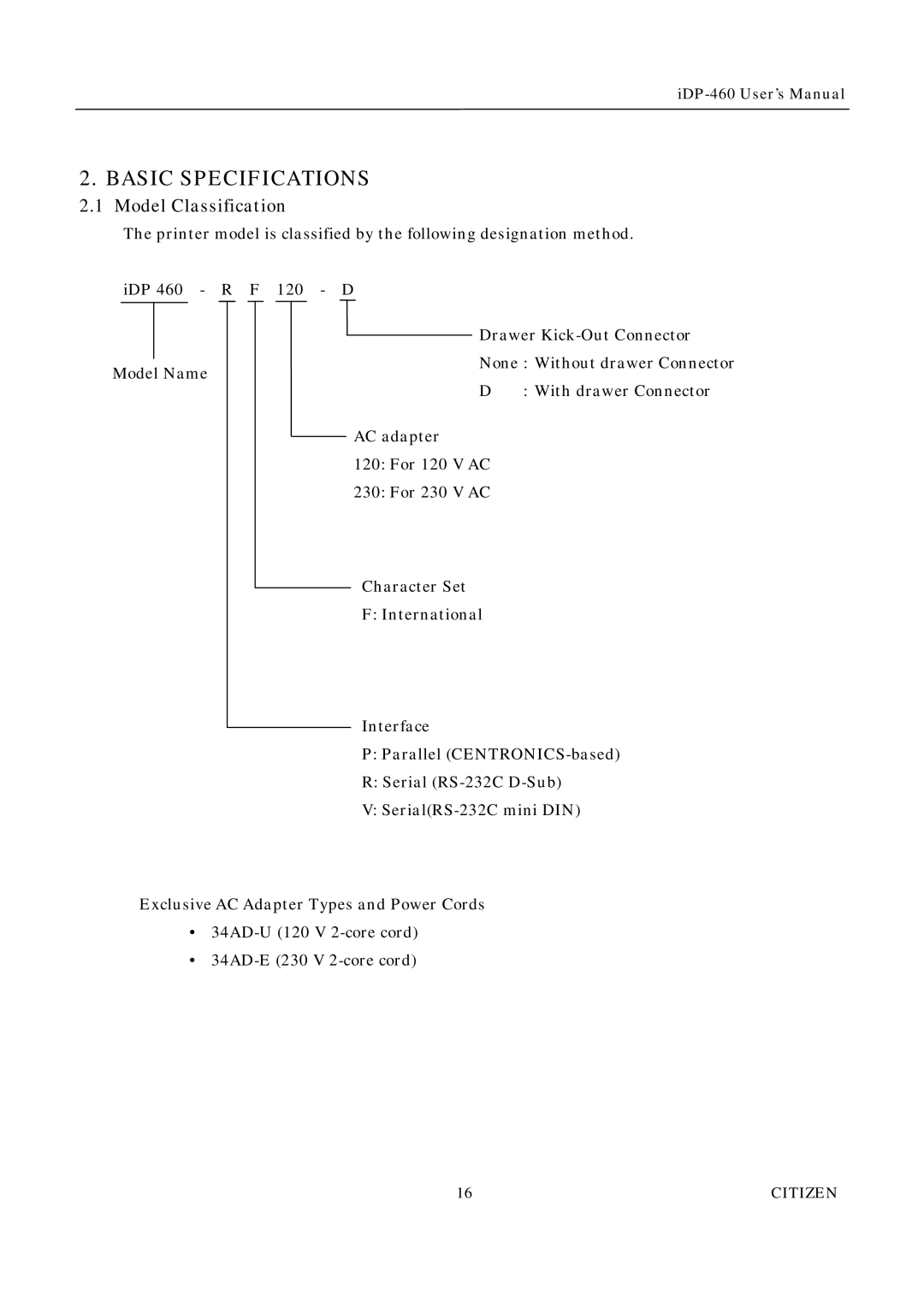 Citizen Systems iDP-460 user manual Basic Specifications, Model Classification 