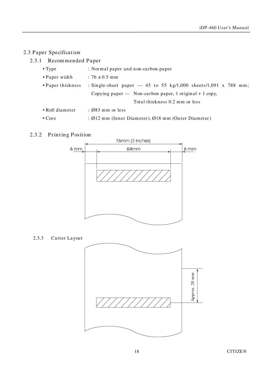 Citizen Systems iDP-460 user manual Paper Specification, Recommended Paper, Printing Position 