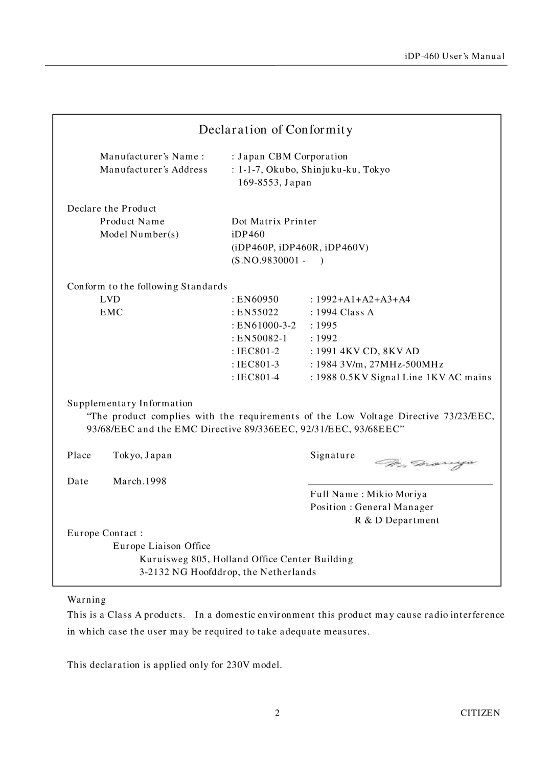 Citizen Systems iDP-460 user manual Declaration of Conformity 