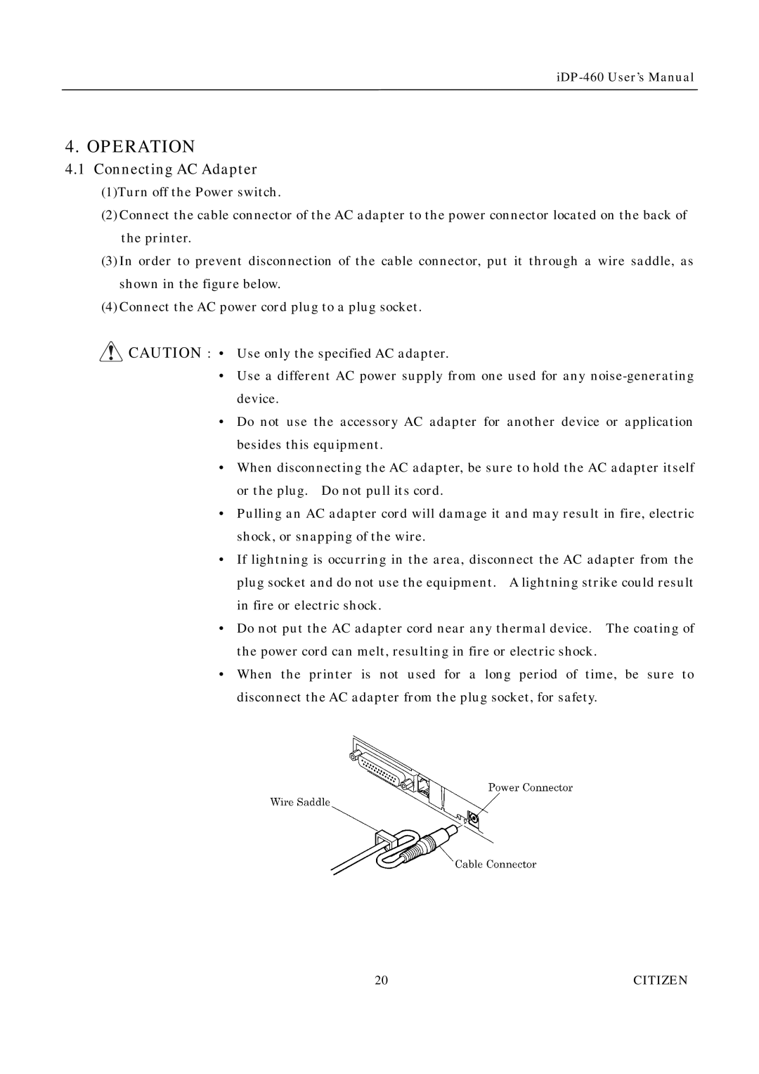 Citizen Systems iDP-460 user manual Operation, Connecting AC Adapter 