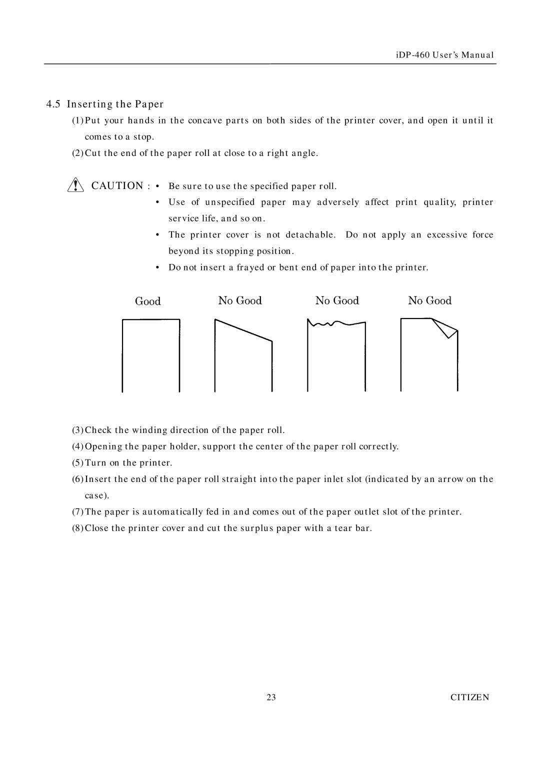 Citizen Systems iDP-460 user manual Inserting the Paper 