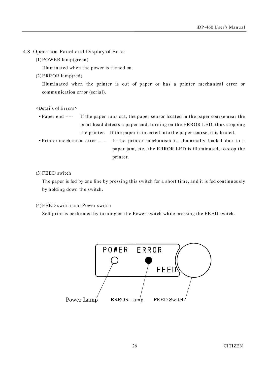 Citizen Systems iDP-460 user manual Operation Panel and Display of Error, Details of Errors 