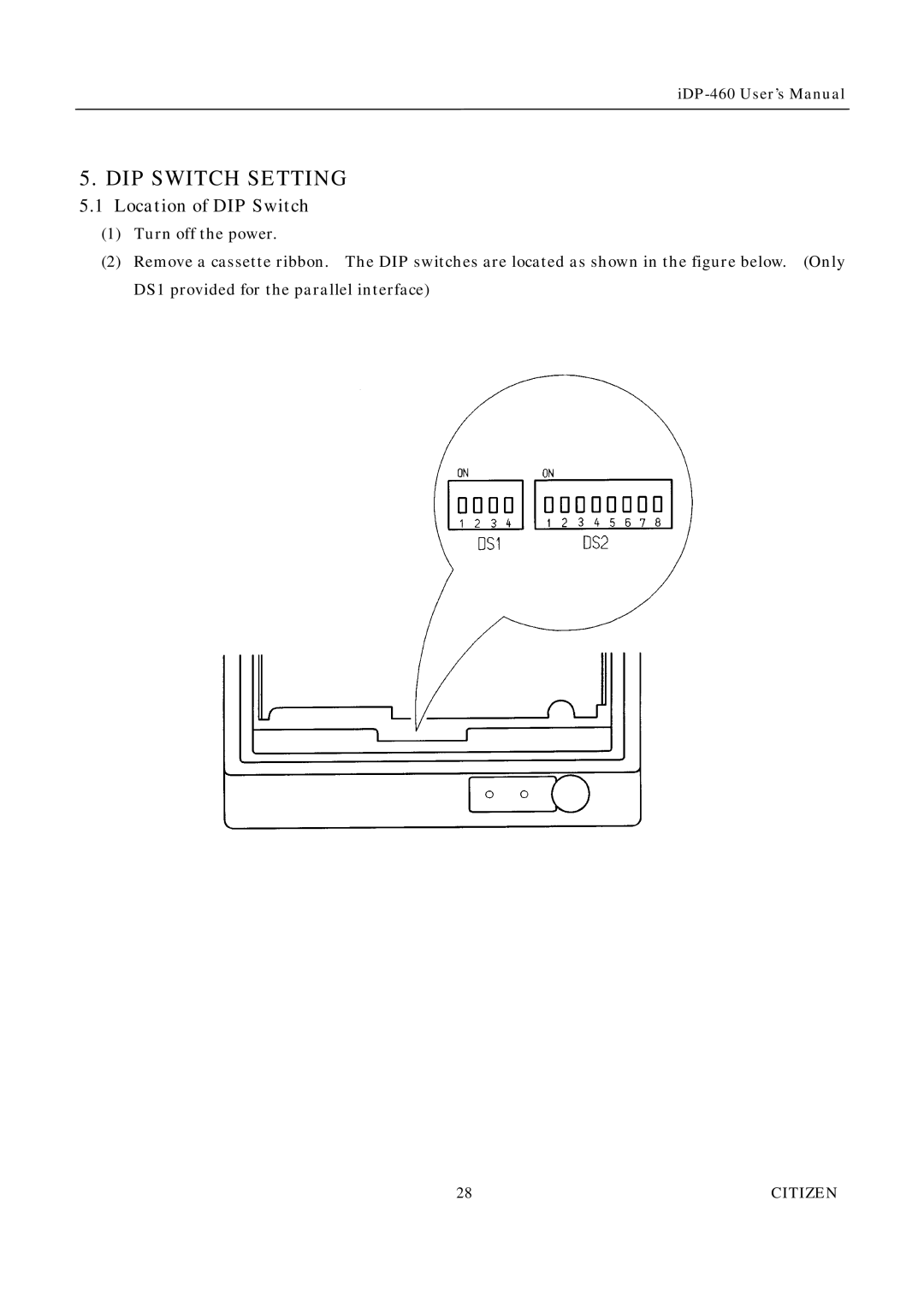 Citizen Systems iDP-460 user manual DIP Switch Setting, Location of DIP Switch 