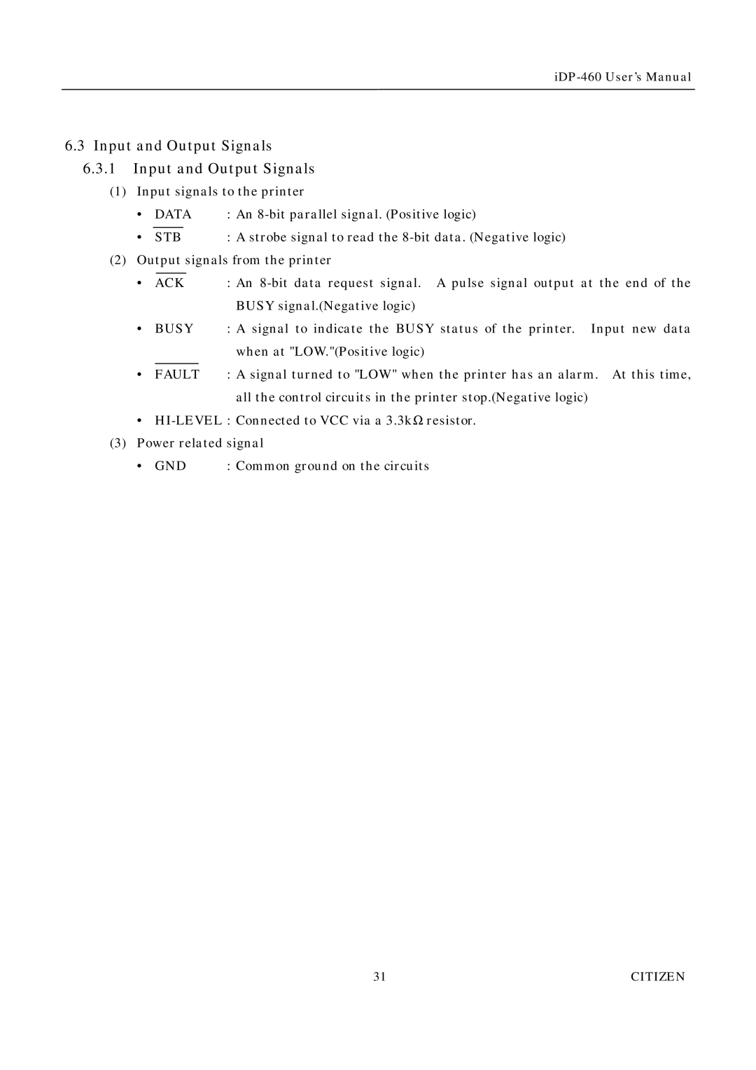 Citizen Systems iDP-460 user manual Input and Output Signals 