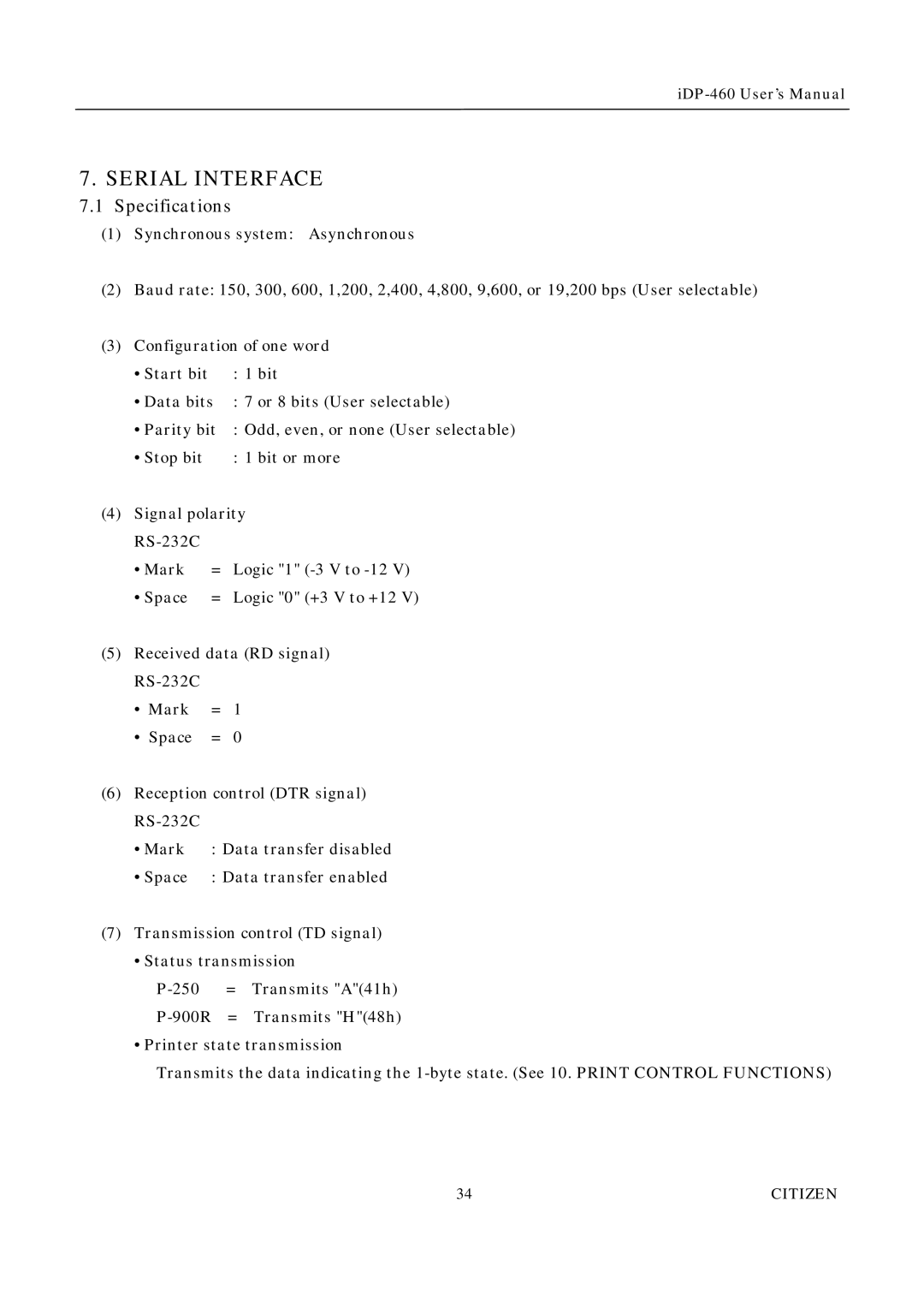 Citizen Systems iDP-460 user manual Serial Interface, Specifications 