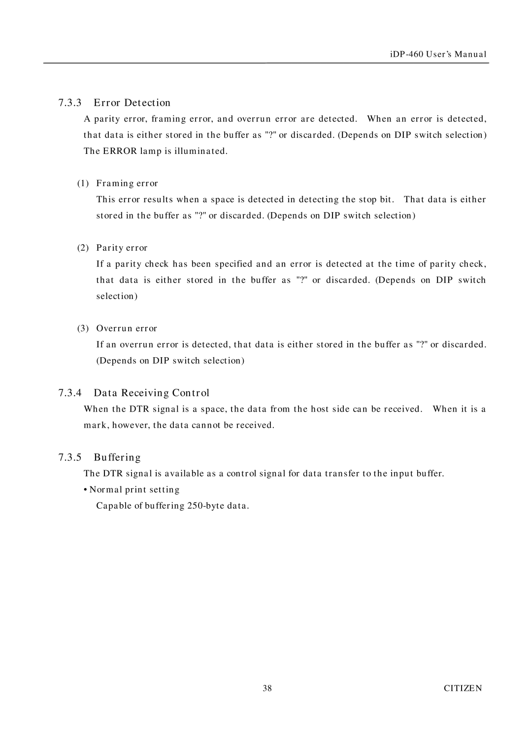 Citizen Systems iDP-460 user manual Error Detection, Buffering 