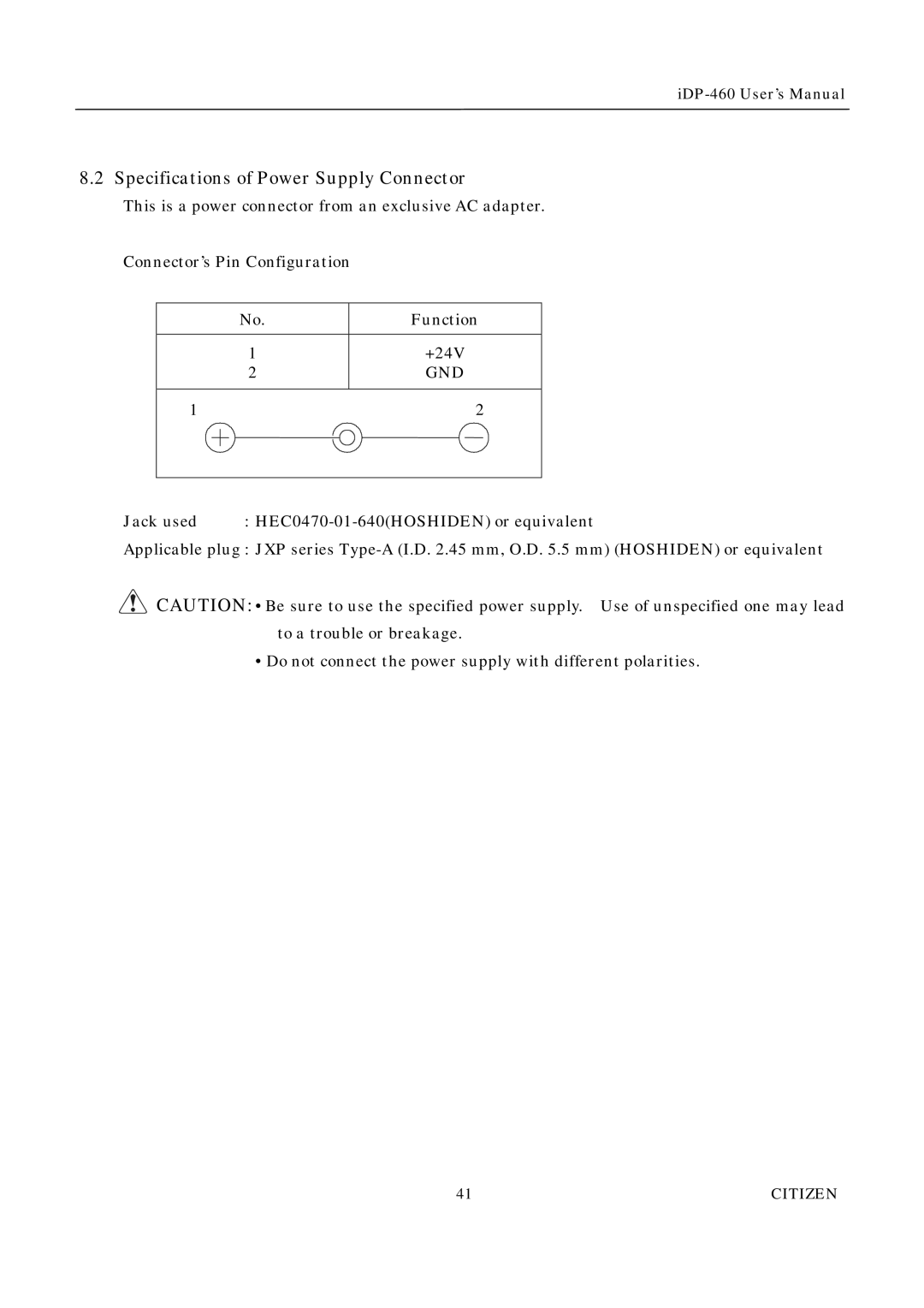 Citizen Systems iDP-460 user manual Specifications of Power Supply Connector 