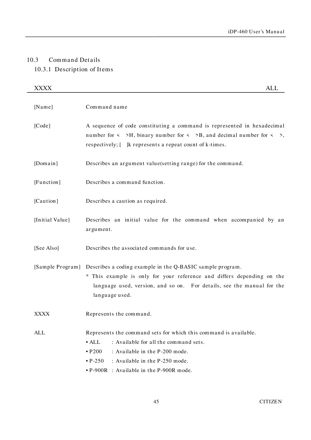 Citizen Systems iDP-460 user manual Command Details, Description of Items 