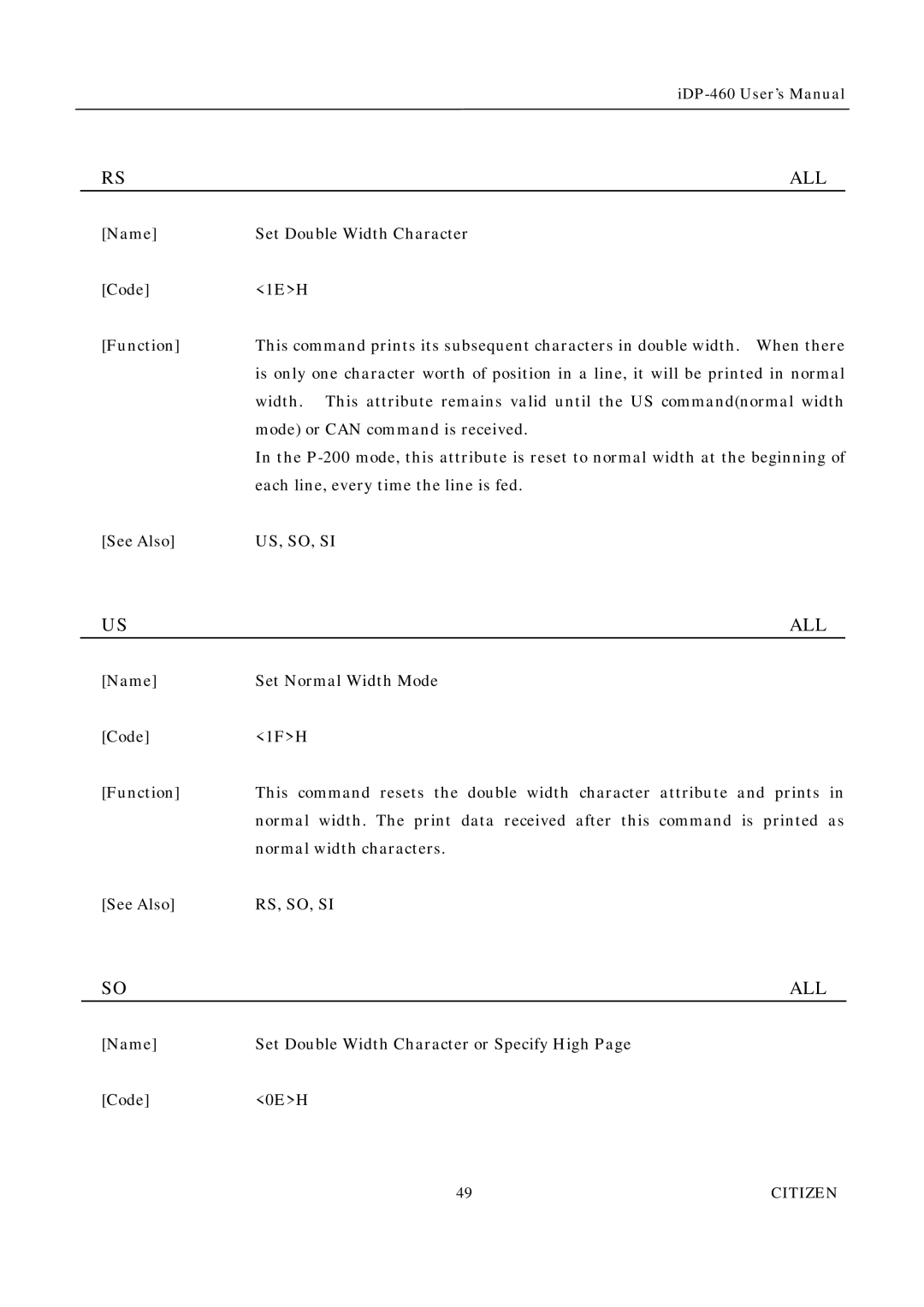 Citizen Systems iDP-460 user manual Us, So, Si 