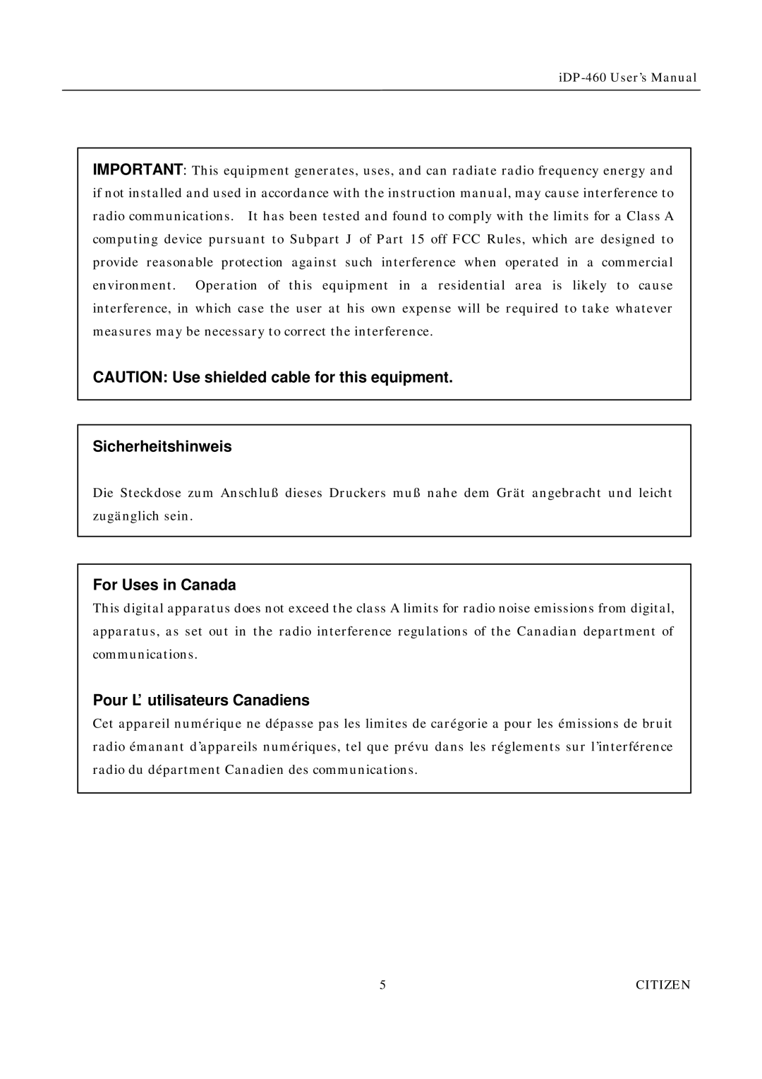 Citizen Systems iDP-460 user manual Sicherheitshinweis 