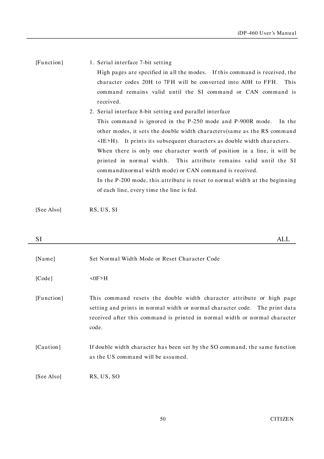 Citizen Systems iDP-460 user manual Rs, Us, Si 