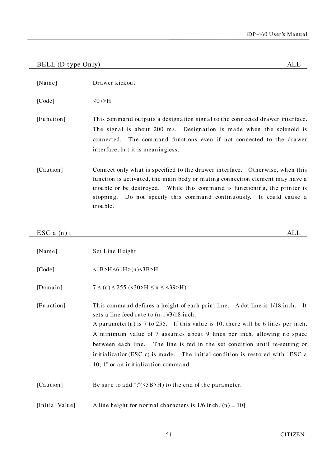 Citizen Systems iDP-460 user manual Bell D-type Only, ESC a n 