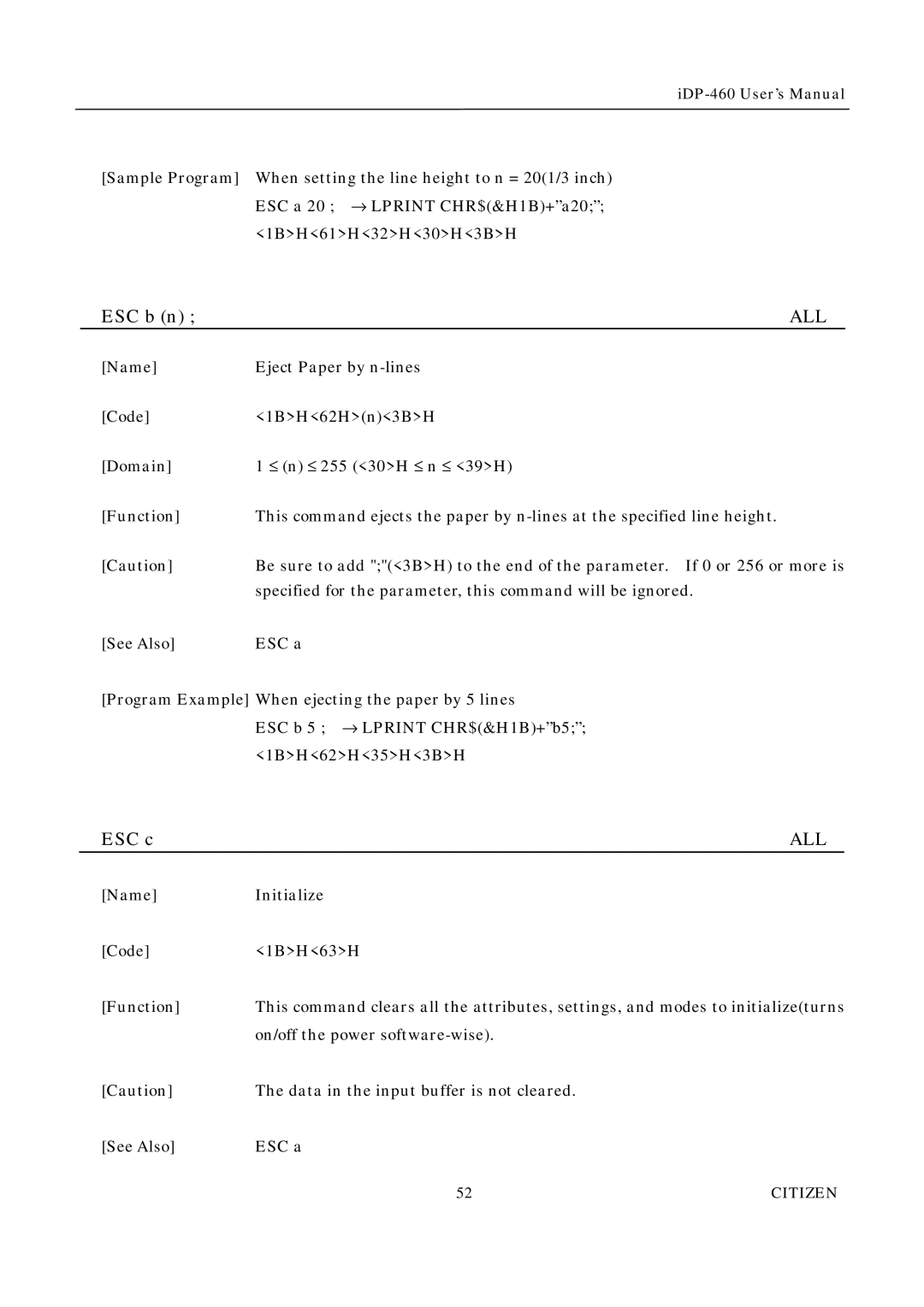 Citizen Systems iDP-460 user manual ESC b n, ESC c 