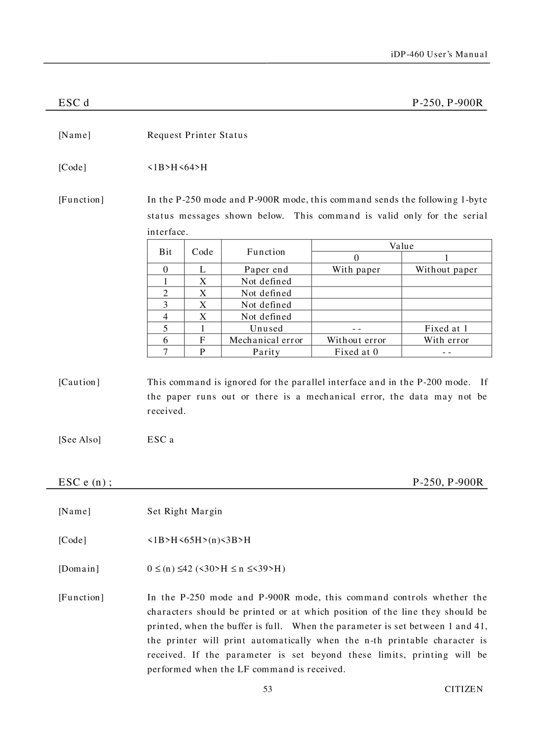 Citizen Systems iDP-460 user manual ESC d 250, P-900R, ESC e n 250, P-900R 