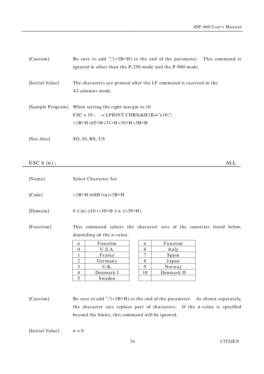 Citizen Systems iDP-460 user manual ESC h n 