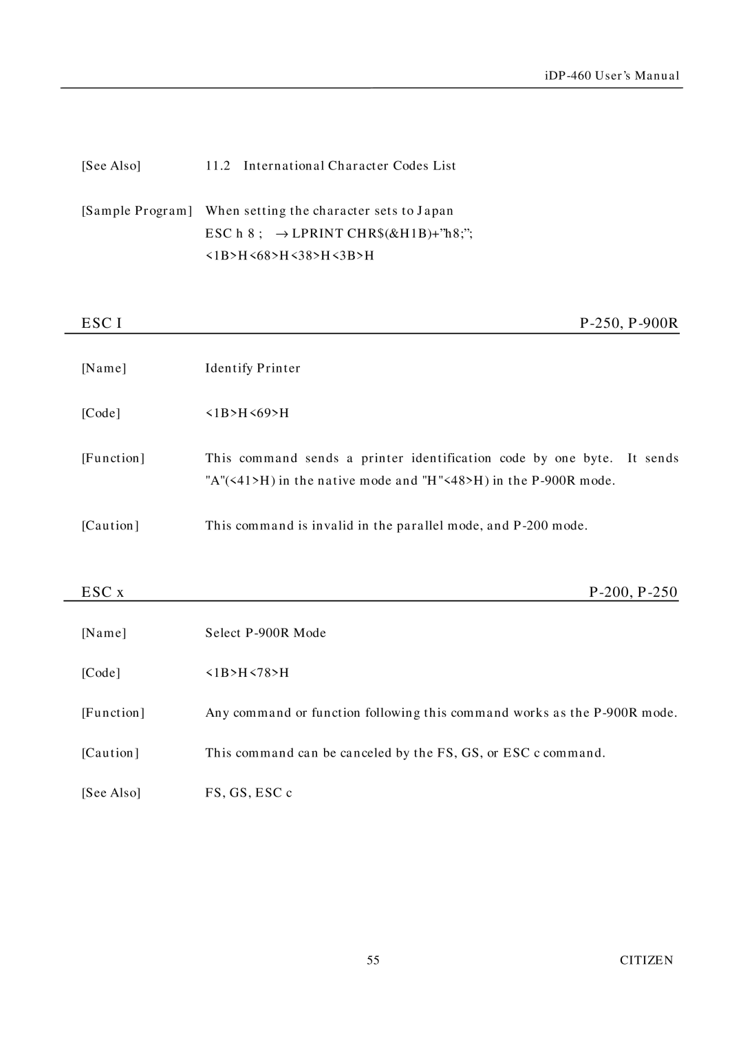 Citizen Systems iDP-460 user manual Esc, ESC 200, P-250 