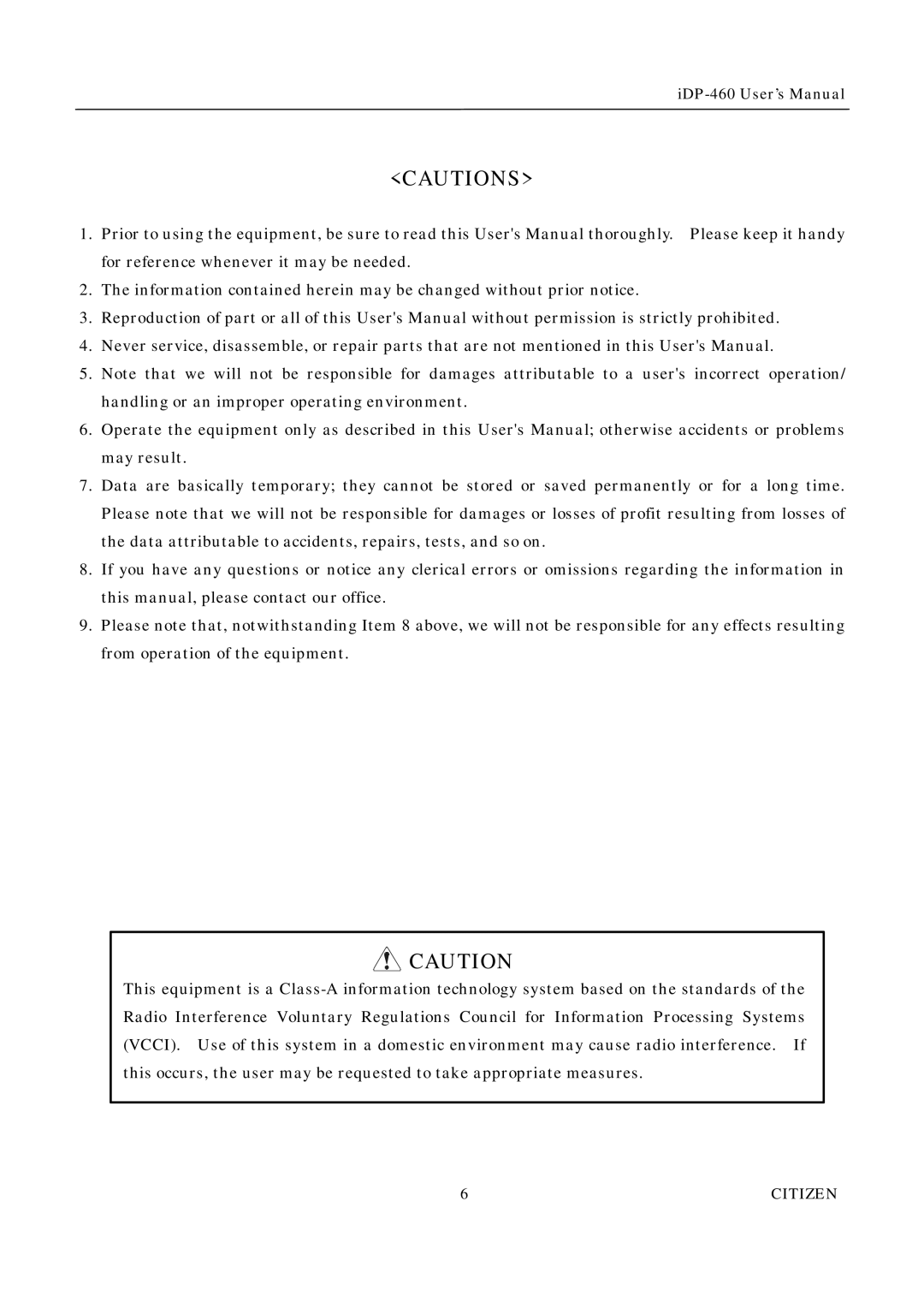 Citizen Systems iDP-460 user manual Citizen 