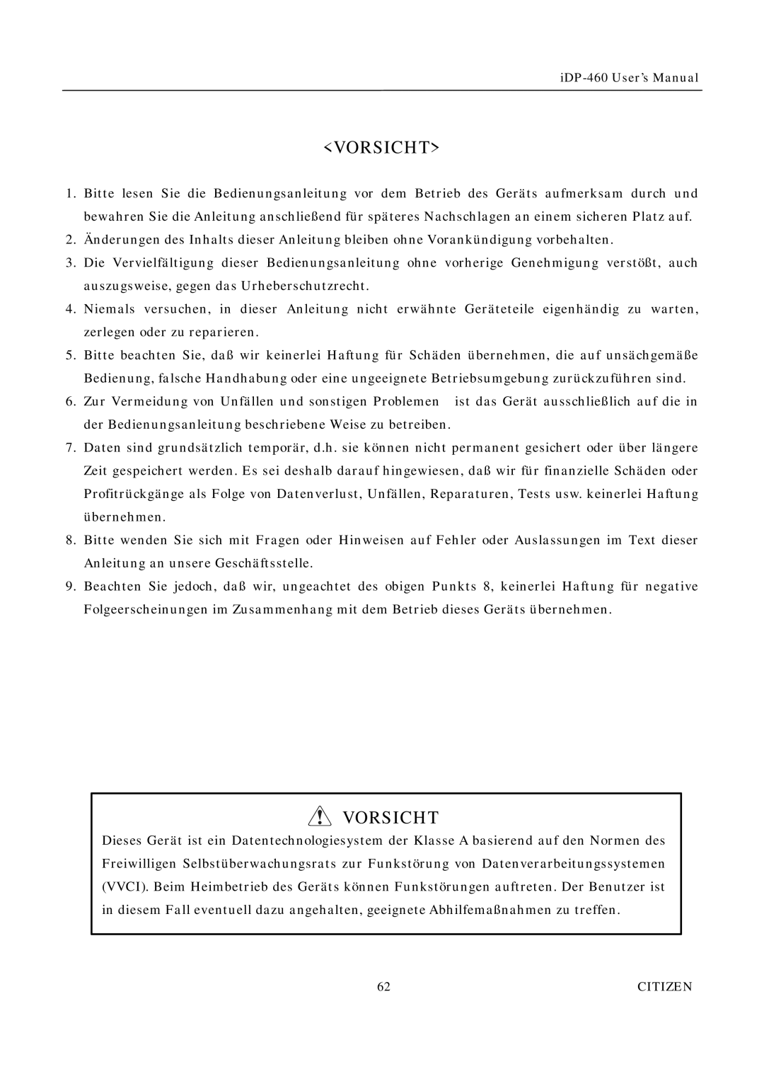 Citizen Systems iDP-460 user manual Vorsicht 