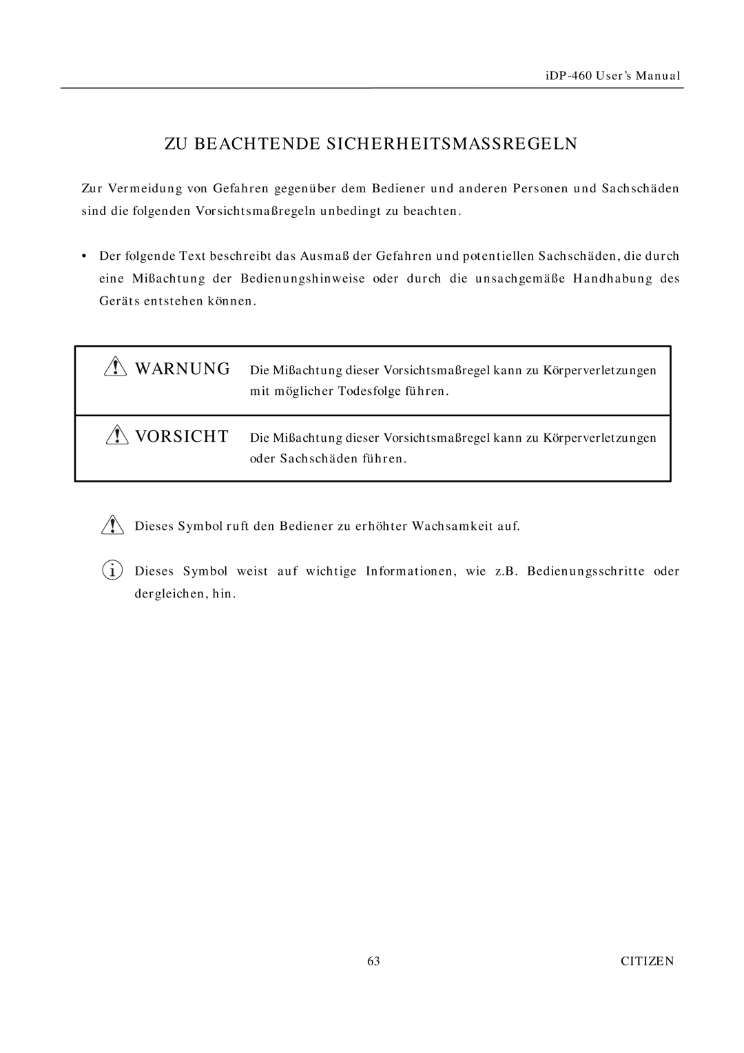 Citizen Systems iDP-460 user manual ZU Beachtende Sicherheitsmassregeln 