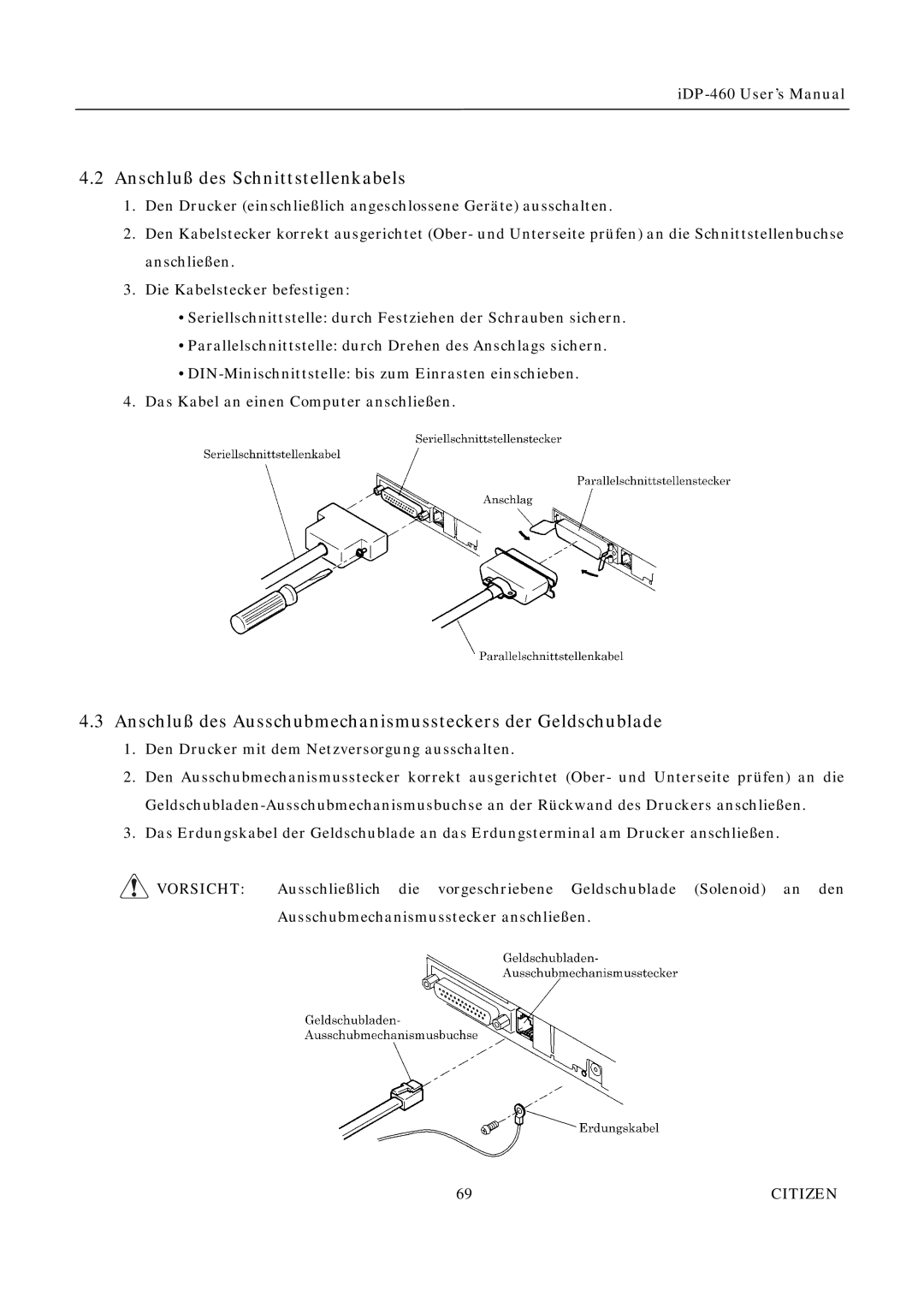 Citizen Systems iDP-460 Anschluß des Schnittstellenkabels, Anschluß des Ausschubmechanismussteckers der Geldschublade 