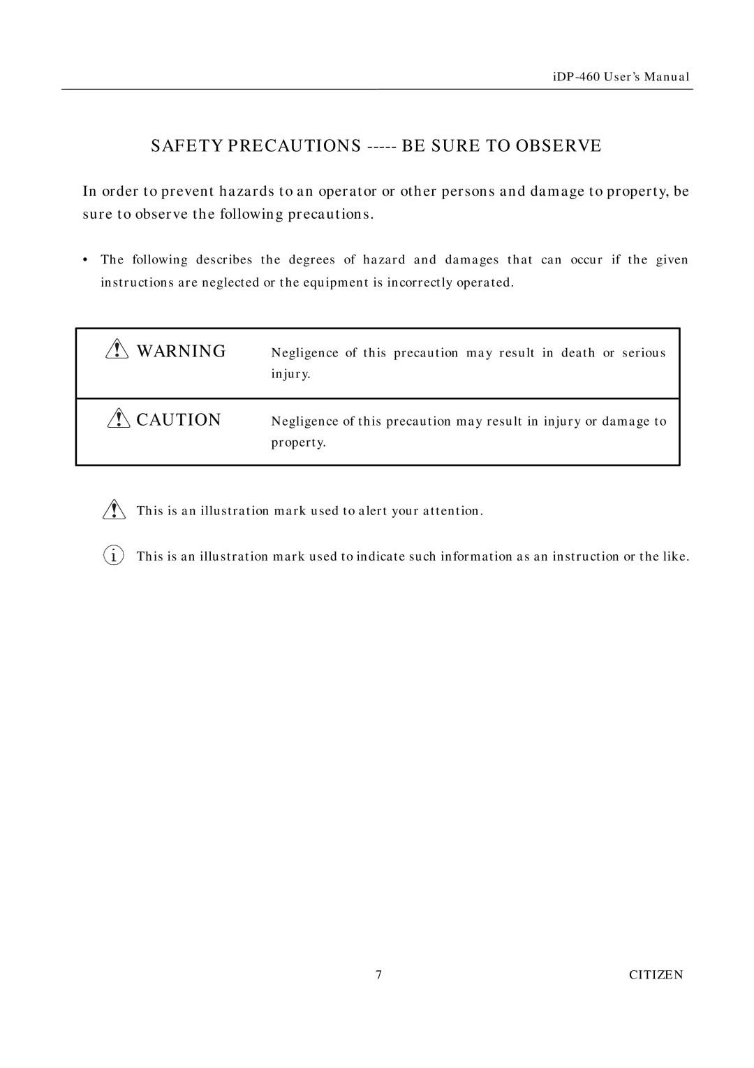 Citizen Systems iDP-460 user manual Safety Precautions 