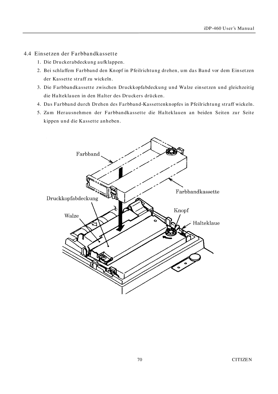 Citizen Systems iDP-460 user manual Einsetzen der Farbbandkassette 