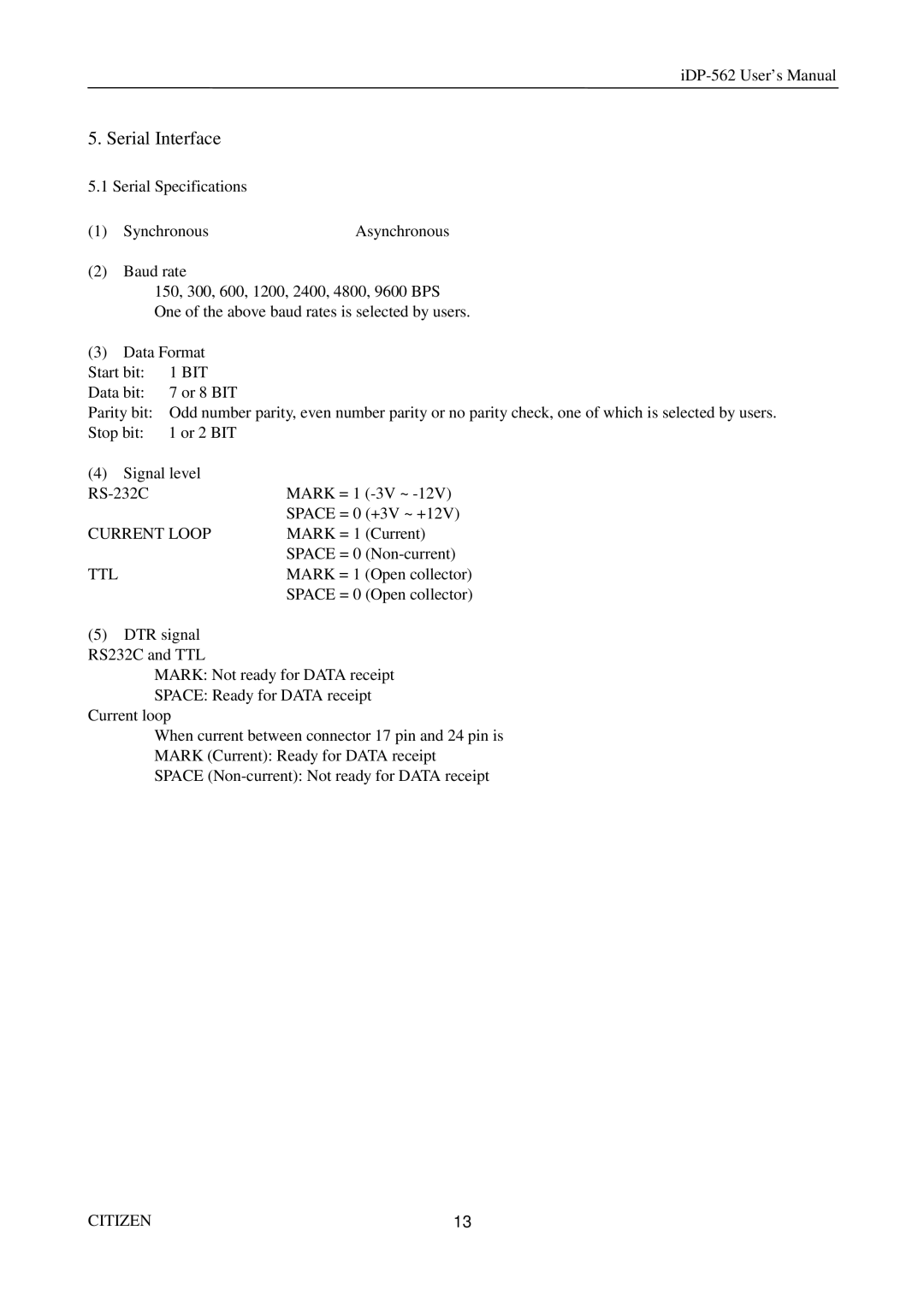 Citizen Systems iDP-562 user manual Serial Interface, Current Loop, Space =, Ttl 