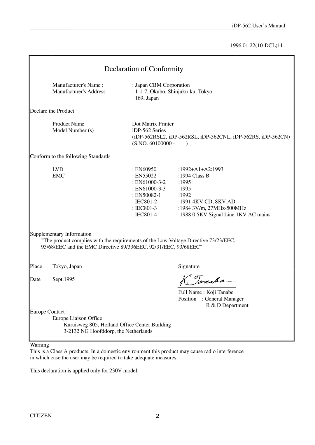 Citizen Systems iDP-562 user manual Lvd, Emc, CITIZEN2 